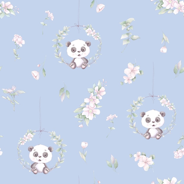 Modello senza soluzione di continuità. Panda simpatico cartone animato con fiori e palloncini.