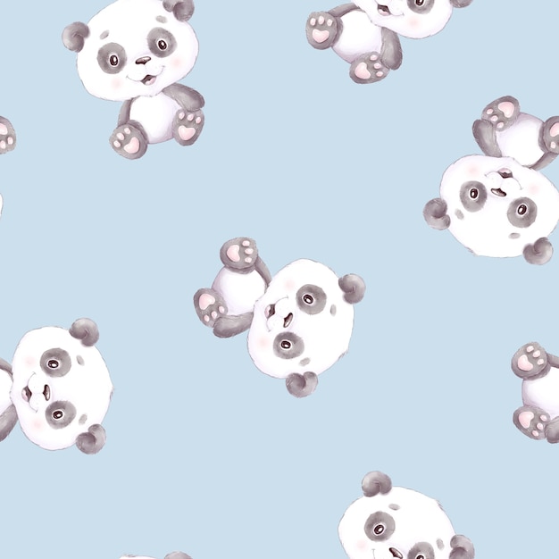 Modello senza soluzione di continuità. Panda simpatico cartone animato con fiori e palloncini.