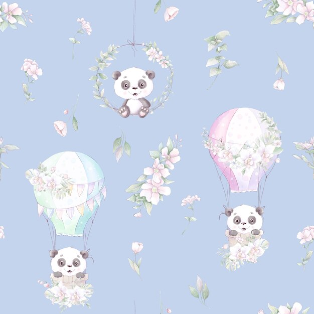 Modello senza soluzione di continuità. Panda simpatico cartone animato con fiori e palloncini.