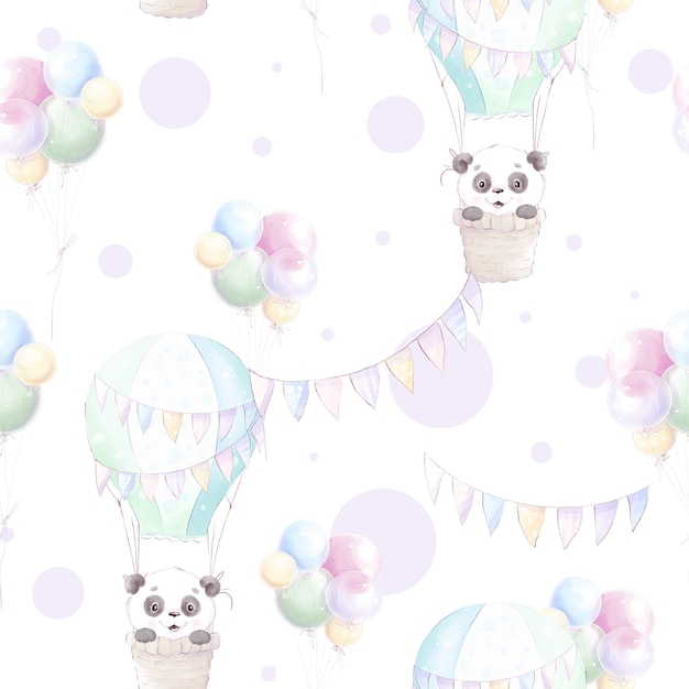 Modello senza soluzione di continuità. Panda simpatico cartone animato con fiori e palloncini.