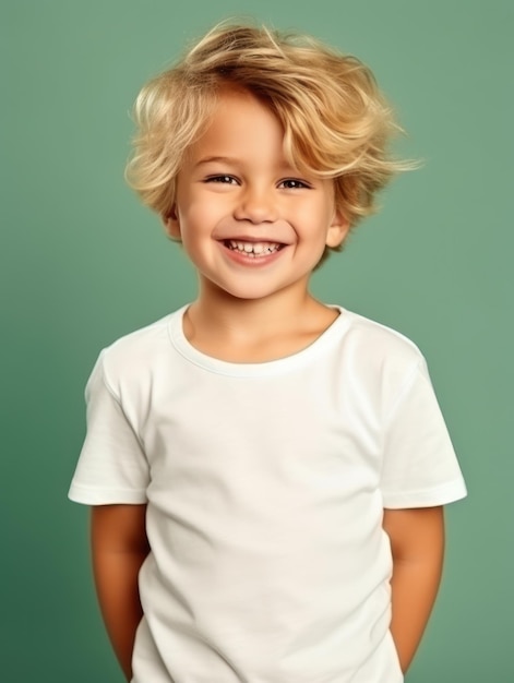 Modello sorridente del ragazzino grazioso che posa alla macchina fotografica in studio luminoso