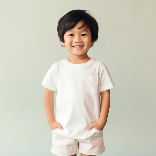 Modello sorridente del ragazzino grazioso che posa alla macchina fotografica in studio luminoso