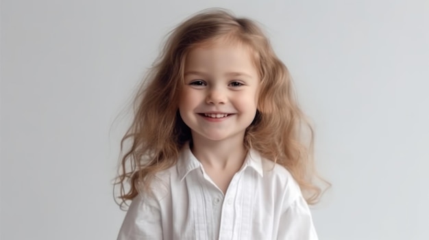 Modello sorridente della piccola ragazza graziosa che posa alla macchina fotografica in studio luminoso