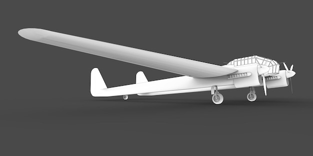 Modello tridimensionale dell'aereo bombardiere della seconda guerra mondiale. Corpo con due code e ali larghe. Motore turboelica. Aereo disegnato su uno sfondo grigio. illustrazione 3D.