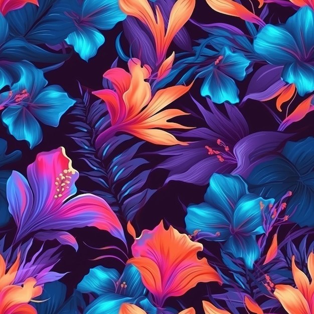 modello tropicale di fiori in colori al neon