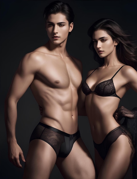 modello uomo e donna in posa insieme indossando lingerie nera