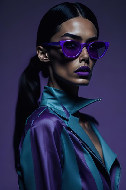 Modello vestito con eleganti abiti viola e occhiali da sole Generative Ai