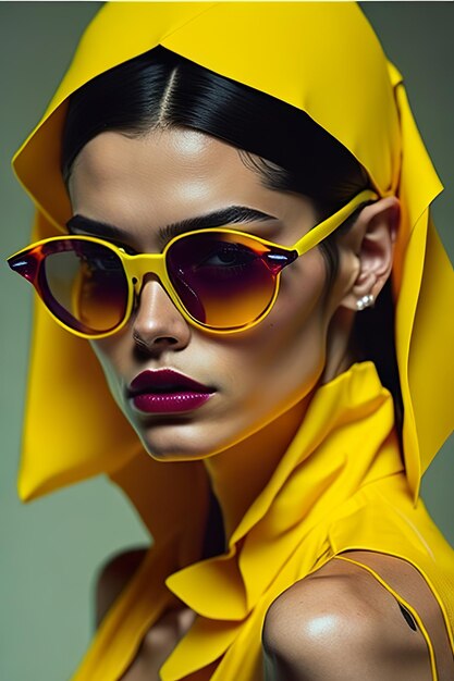 Modello vestito in eleganti abiti gialli e gialli con occhiali da sole Generative Ai