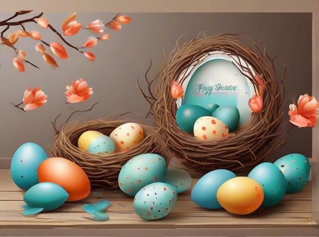 Modello vettoriale di poster e banner di Pasqua con uova di Pasqua nel nido