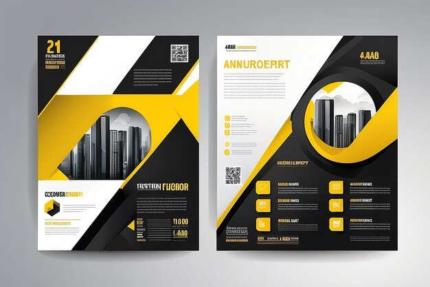 Modello vettoriale di riassunto aziendale per brochure AnnualReport Magazine Poster Presentazione aziendale Portfolio Flyer infografica con colore giallo e nero dimensione A4 davanti e dietro