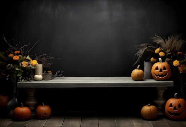 Modello vuoto di tavolo nero di Halloween con zucche candele fiori d'autunno decorazione spettrale e sfondo mistico scuro generato da AI