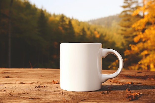 Modello vuoto di tazza di caffè in ceramica bianca su uno sfondo forestale naturale