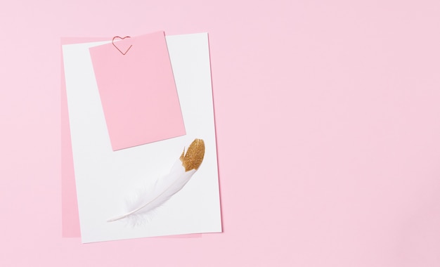 Modello vuoto per lettere romantiche su uno spazio rosa. Piuma bianca con placcatura in oro