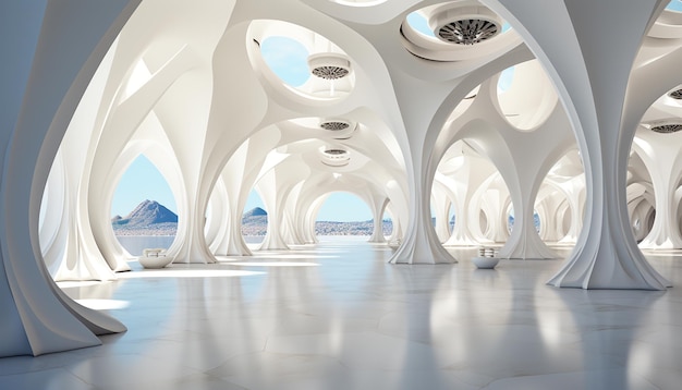 Modern architecture design with clean empty interiors and abstract shapes generated by artificial intelligence
