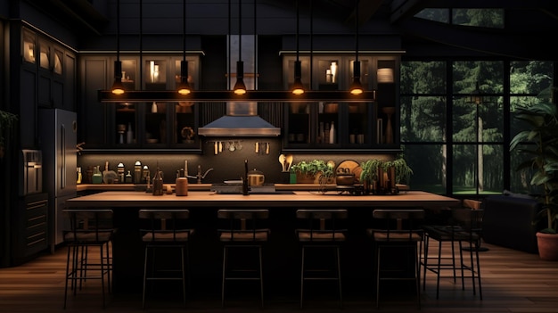 Modern black neon lighting farmhouse kitchen interior design AI Generated Image