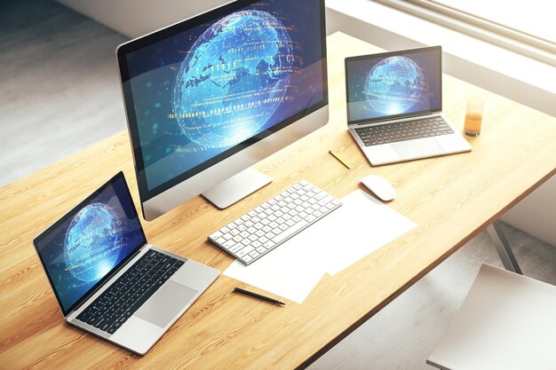 modern computer display with abstract programming language hologram and world map artificial intelligence and neural networks concept 3d rendering