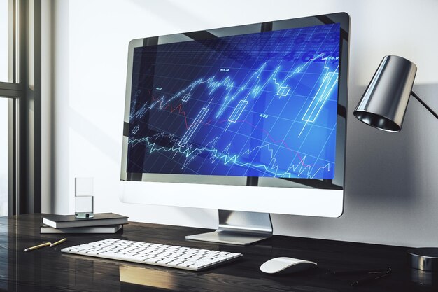 Modern computer monitor with abstract creative financial chart research and strategy concept 3D Rendering