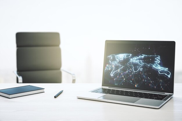 Modern computer monitor with abstract digital world map research and strategy concept 3D Rendering