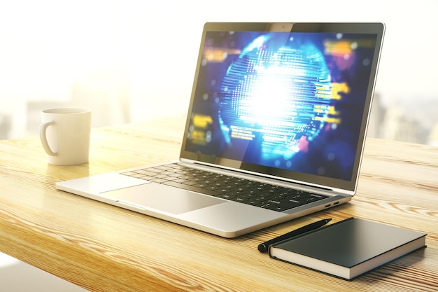 Modern computer screen with abstract creative coding sketch and world map artificial intelligence and neural networks concept 3D Rendering
