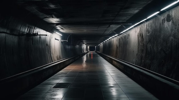 Modern Dark Sci Fi Futuristico Corridoio Passaggio Corridoio Tunnel Luce al neon AI generato