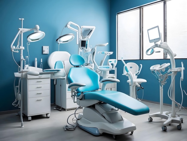 Modern Dental Clinic Dentist chair e altri accessori utilizzati dai dentisti in luce medica blu