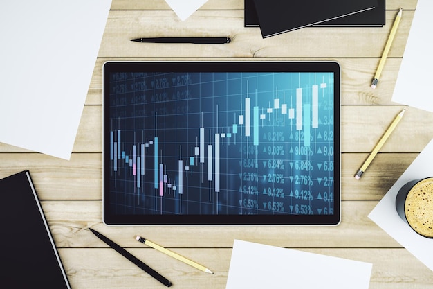 modern digital tablet monitor with abstract creative financial chart research and strategy concept top view 3d rendering