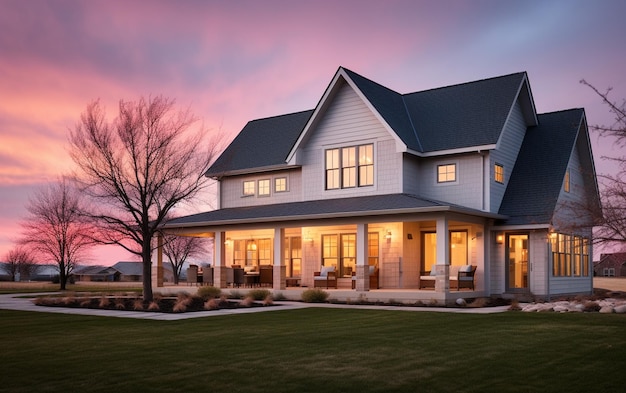 Modern Farmhouse Charm Exterior al Crepuscolo con Skyquot Ai rosa e blu