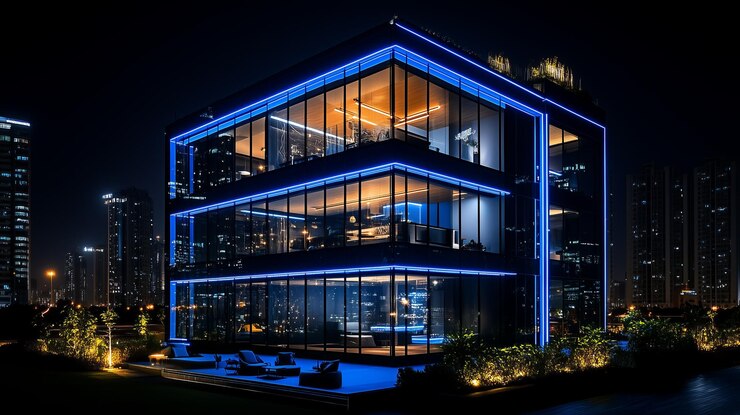 Modern glass building with blue neon lights at night