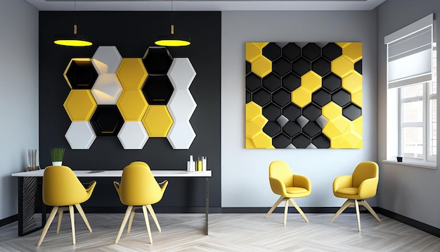 Modern interior designer deco luminoso business office con motivi esagonali in bianco e nero IA generativa