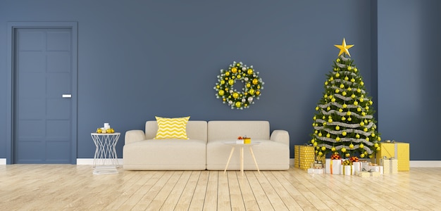 Modern interior of living room, albero di Natale con scatole regalo decorare di casa per il ho