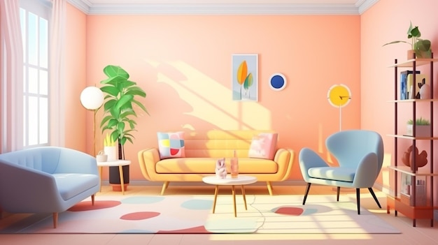 Modern Mid Century Living RoomLiving coral decor concept Interior In Pastel Color Living Room