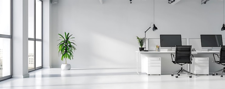 Photo modern minimalist office desk with computer plant and white walls 3d illustration