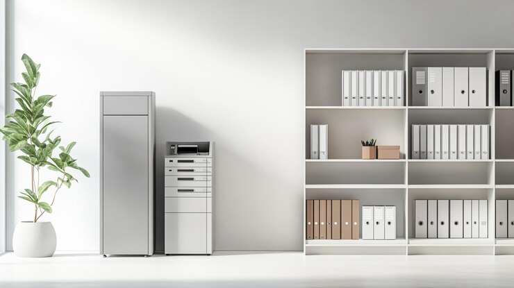 Modern Office Corner with Metallic Filing Cabinet
