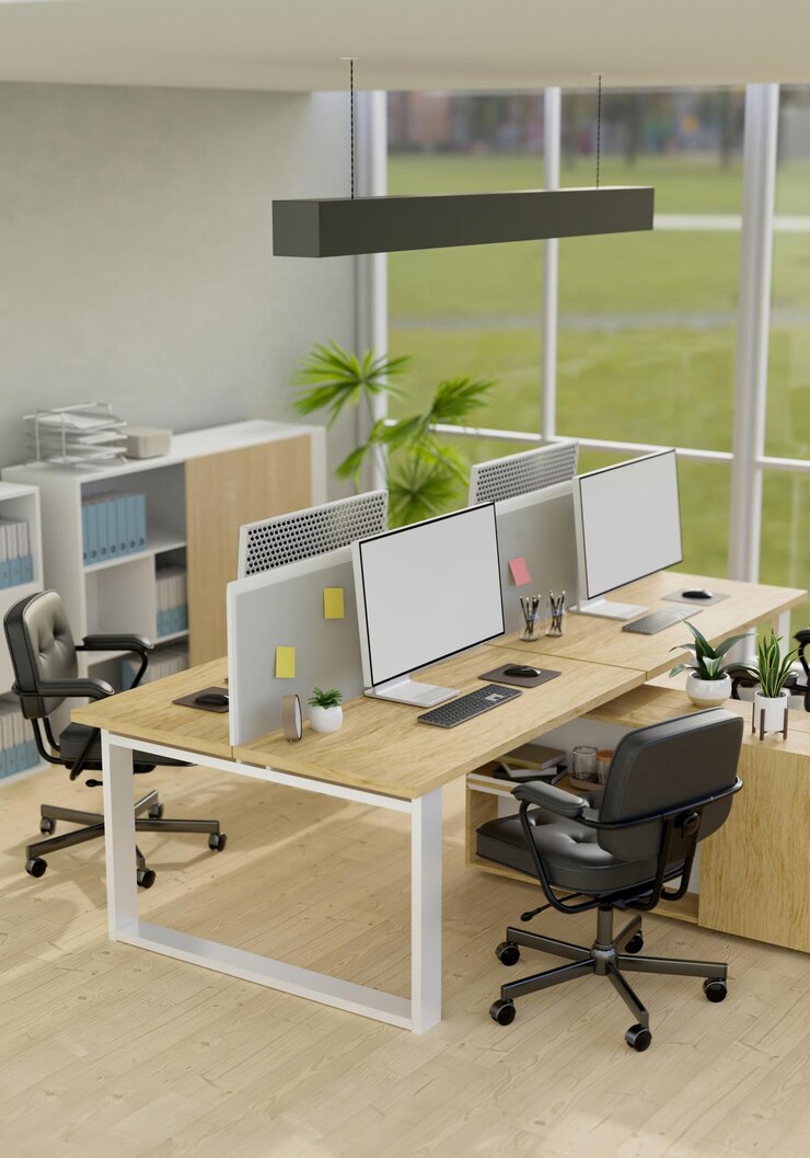 Photo modern office open workplace with pc computer and accessories on office desk