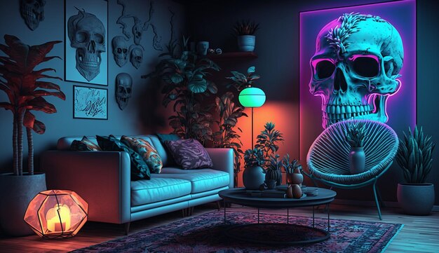 Modern room decor soggiorno effetto neon interior design AI Immagine generata