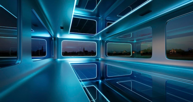 Modern scifi futuristic interior office design with beautiful landscape view 3d rendering