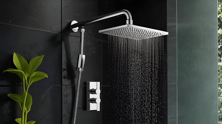 Modern Shower head With Rain Shower in Bathroom With Lush Greenery Ai generative