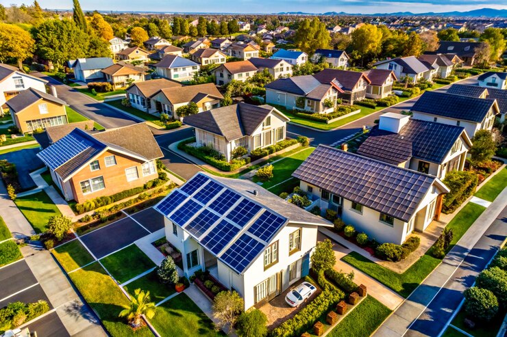 Modern Sustainable House with Residential Solar Panels at Sunset Clean Energy