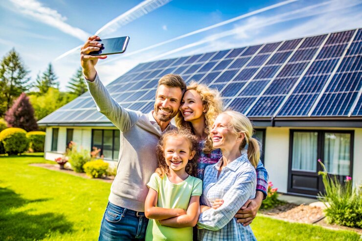 Modern Sustainable House with Residential Solar Panels at Sunset Clean Energy