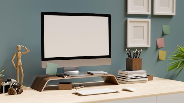 Modern trendy home office space with pc desktop computer over stylish blue wall 3d rendering