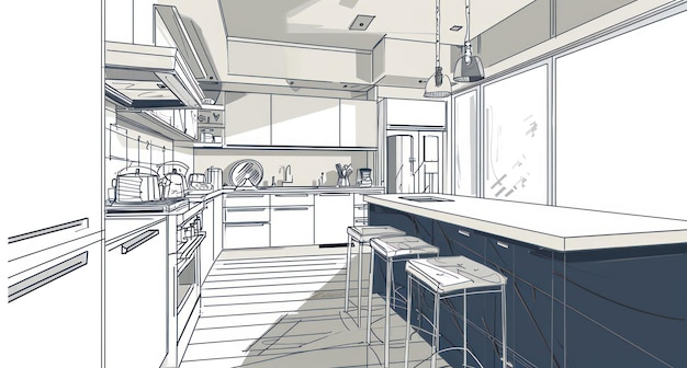 Modern White Kitchen Un progetto architettonico creativo con un concetto di illustrazione dettagliata di mobili in prospettiva bianca e nera Disegno su sfondo bianco