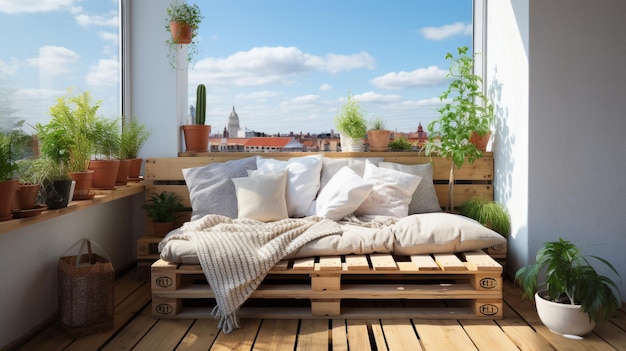 Moderna area di relax su un grande balcone o terrazza mobili in stile hygge e piante verdi Giorno d'estate