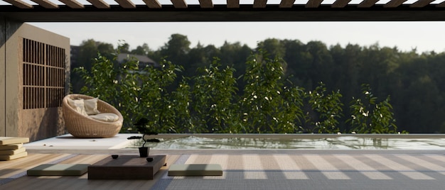 Moderna area relax con terrazza zen giapponese con tavolino sulla piscina con pavimento in tatami