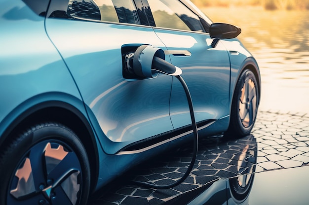 Moderna auto elettrica collegata alla corrente che carica la batteria