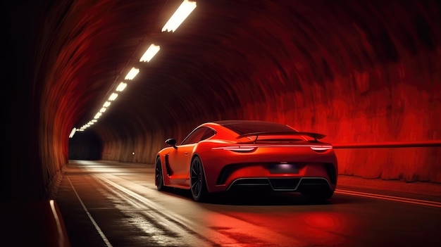 Moderna auto sportiva di super lusso di colore rosso che passa attraverso un progetto di sfondo del tunnel