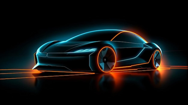 Moderna automobile elettrica in movimento che si staglia su uno sfondo scuro Idea EV Concetto di trasporto The Generative AI