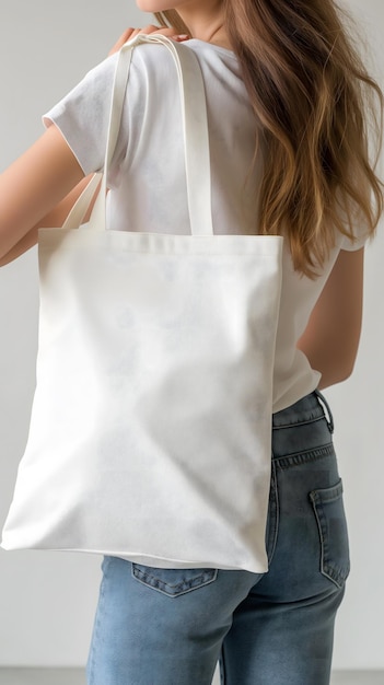 Moderna borsa Tote bianca su uno sfondo grigio minimalista