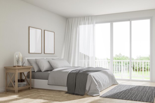 Moderna camera da letto bianca accogliente contemporanea con vista sulla natura rendering 3D