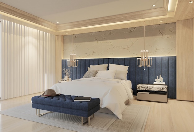 Moderna camera da letto di lusso con rendering 3D di colore blu oceano
