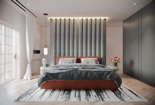 Moderna camera da letto di lusso con rendering 3D di illustrazioni a colori albicocca